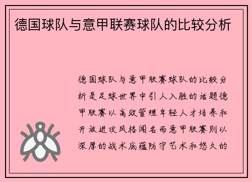 德国球队与意甲联赛球队的比较分析